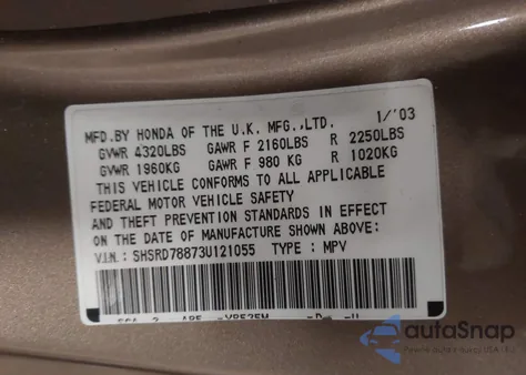 2003 Honda Cr-V Ex из США, поврежденный, VIN SHSRD78873U121055